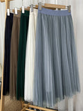 Spring Summer Women Solid Casual A Line Elegant Elastic High Waist Tulle Pleated Skirt