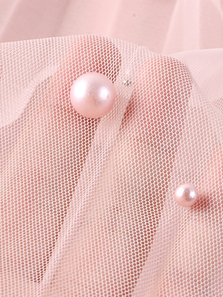Women Fashion Faux Pearl Beaded Tulle Pleated Midi Skirt Casual Elastic High Waist Skirts