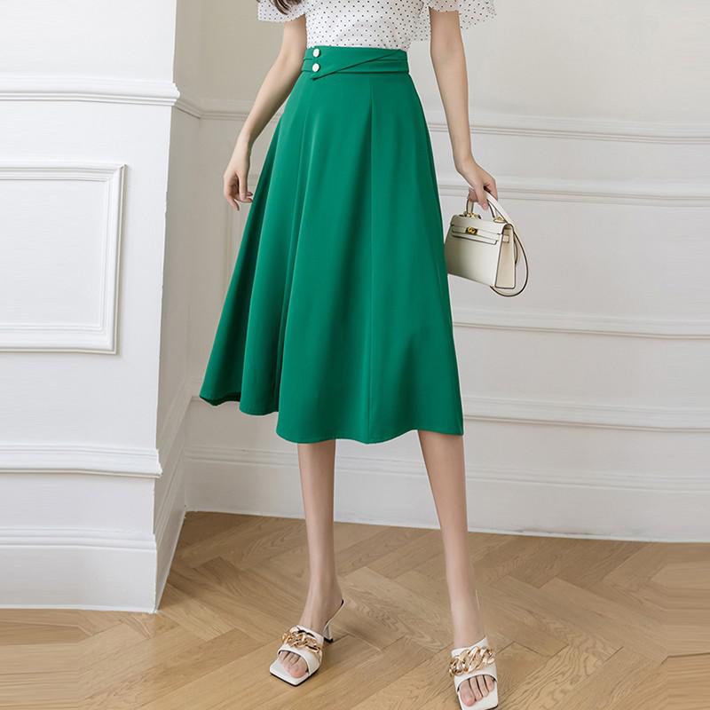High Waist Elegant A-line Skirts Women Spring Korean Style Solid Color Big  Swing Office Lady Long Skirt