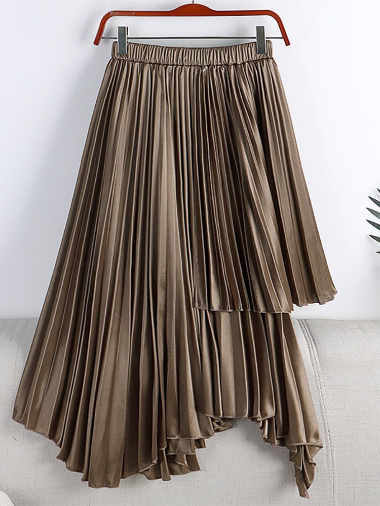 Women Asymmetric Elastic High Waist Elegant Satin Effect Pleated Midi Skirt