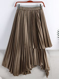 Women Asymmetric Elastic High Waist Elegant Satin Effect Pleated Midi Skirt