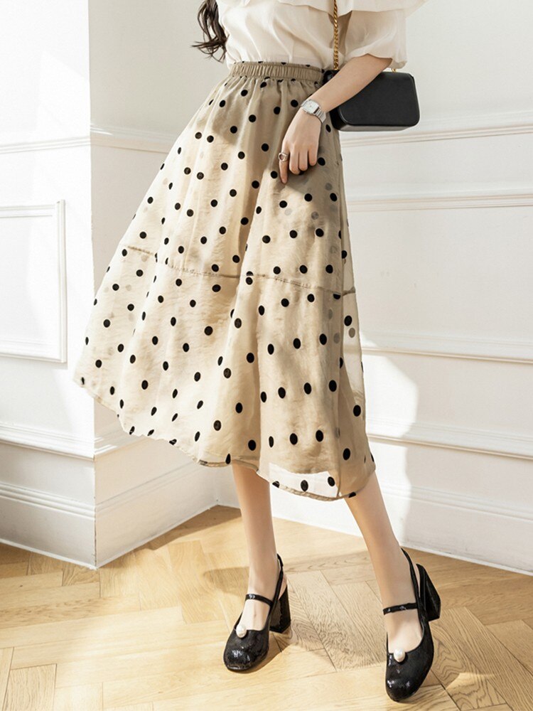 Summer Bohemian Style Elastc Wasit A-line Dot Skirt With Pockets Elegant Women Mid-calf Mesh Skirts