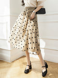 Summer Bohemian Style Elastc Wasit A-line Dot Skirt With Pockets Elegant Women Mid-calf Mesh Skirts