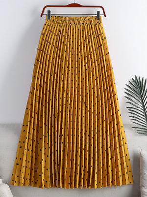Elegant Vintage Pleated Women Elastic High Waist Casual Polka Dot Midi Skirt