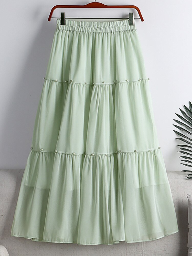 Fashion Faux Pearl Rhinestone Beaded Tiered Midi Skirt Elastic High Waist Solid Casual A Line Skirt