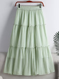 Fashion Faux Pearl Rhinestone Beaded Tiered Midi Skirt Elastic High Waist Solid Casual A Line Skirt