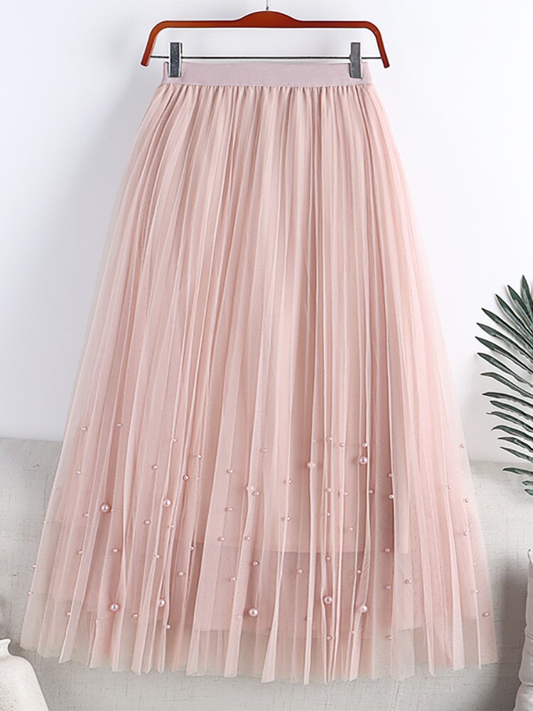 Women Fashion Faux Pearl Beaded Tulle Pleated Midi Skirt Casual Elastic High Waist Skirts