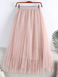 Women Fashion Faux Pearl Beaded Tulle Pleated Midi Skirt Casual Elastic High Waist Skirts