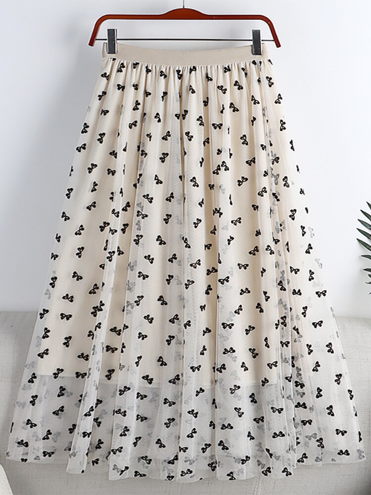 Elegant Long Women Butterfly Flocking Tulle Elastic High Waist Casual Mesh A Line Midi Skirt