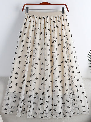 Elegant Long Women Butterfly Flocking Tulle Elastic High Waist Casual Mesh A Line Midi Skirt