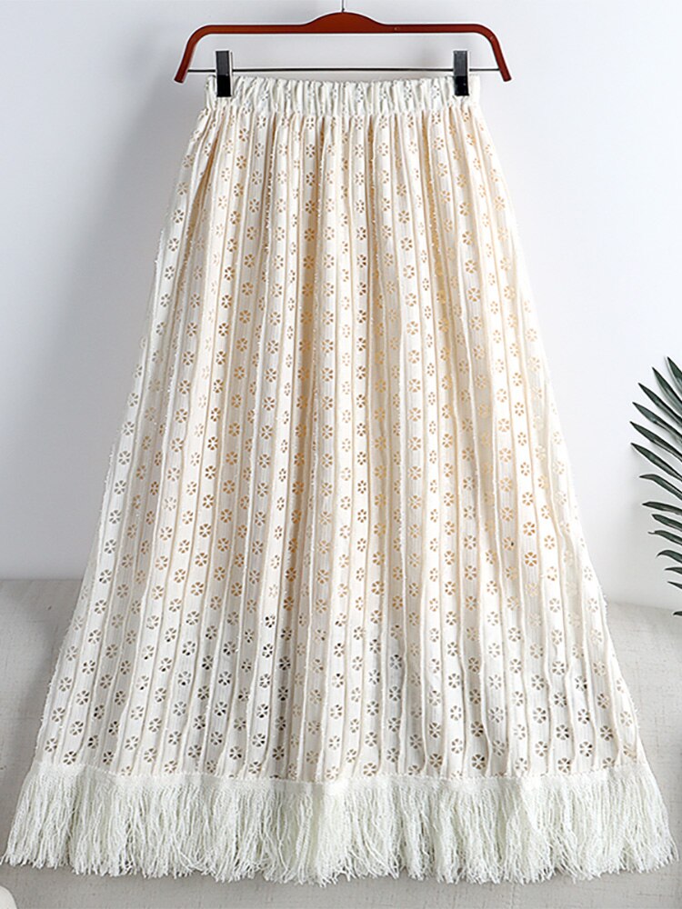 Spring Women Glitter Openwork Embroidery Skirt Elastic High Waist Fringe Hem A Line Midi Skirt