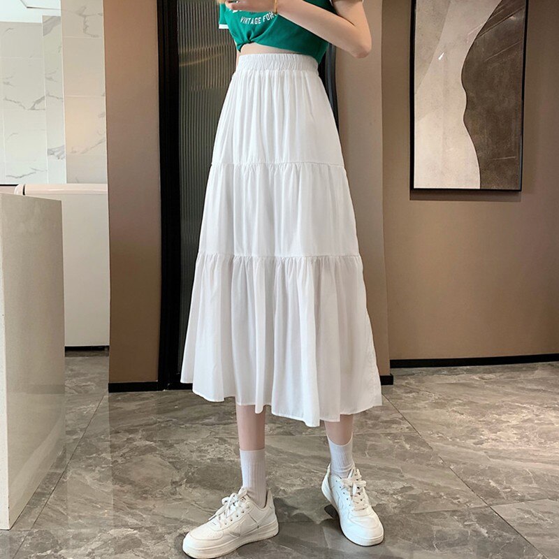 Women Casual Long Spring Korean Style All-match Elastic High Waist Ladies Elegant A-line Skirt