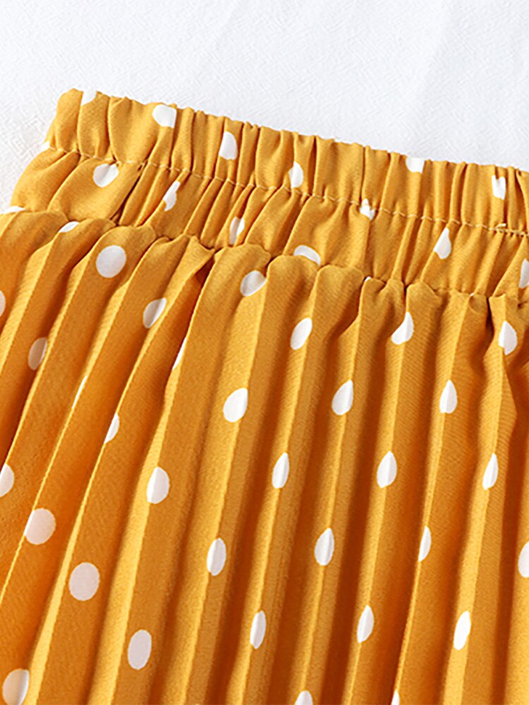 Elegant Vintage Pleated Women Elastic High Waist Casual Polka Dot Midi Skirt