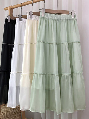Fashion Faux Pearl Rhinestone Beaded Tiered Midi Skirt Elastic High Waist Solid Casual A Line Skirt