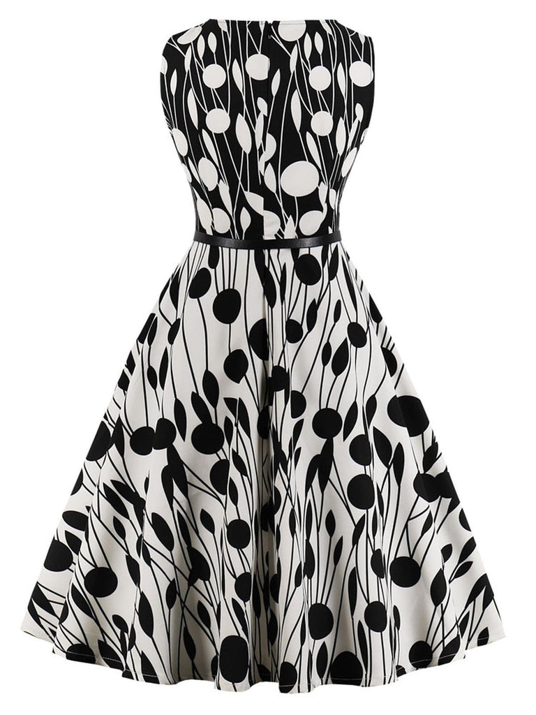 Black White 1950s Belted Pendulum Dress
