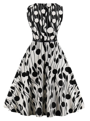 Black White 1950s Belted Pendulum Dress