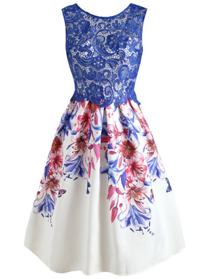 Blue 1950s Lace Floral Patchwork Dress