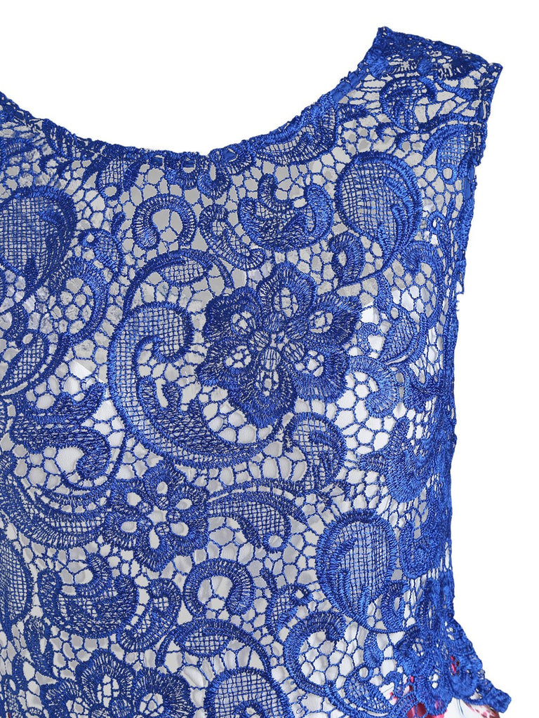 Blue 1950s Lace Floral Patchwork Dress