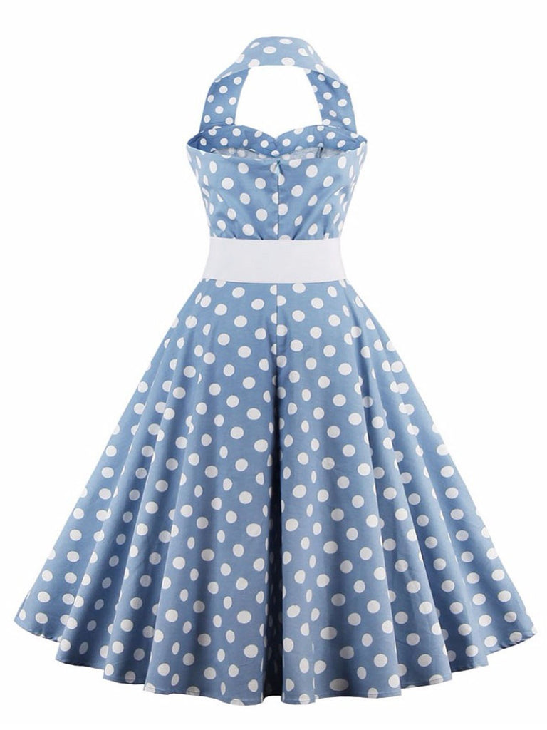 Blue 1950s Polka Dot Halter Belted Dress