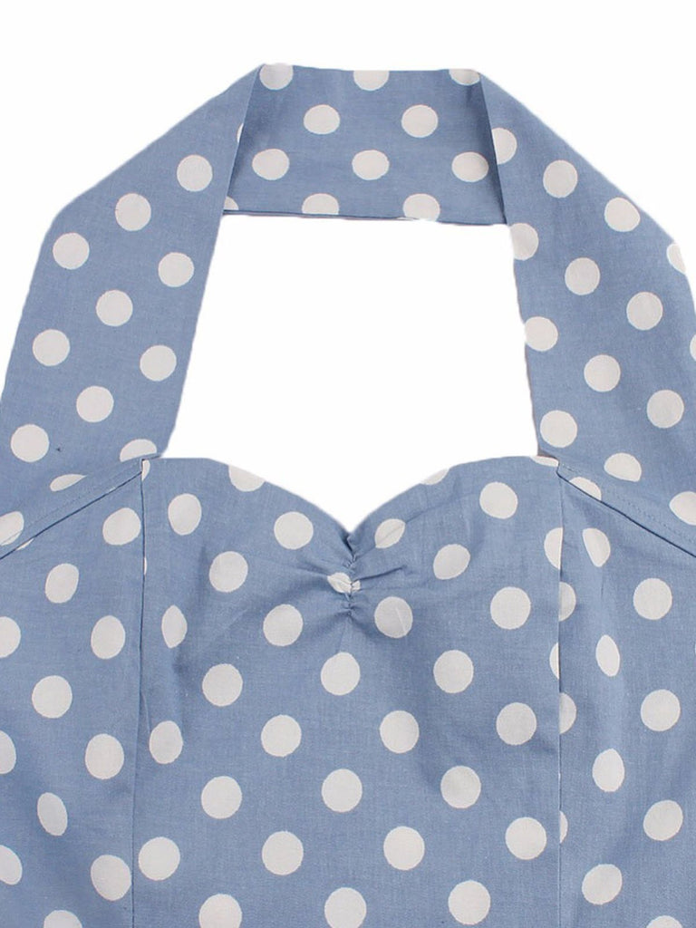 Blue 1950s Polka Dot Halter Belted Dress