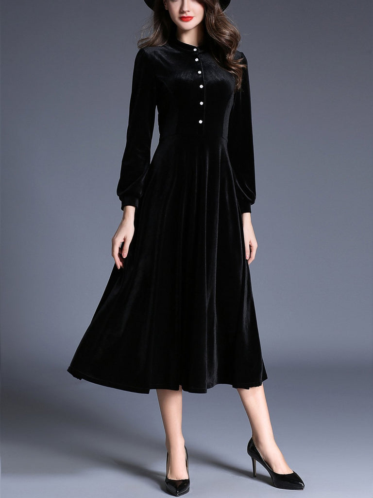 1950s Velvet Solid Pleated Dress