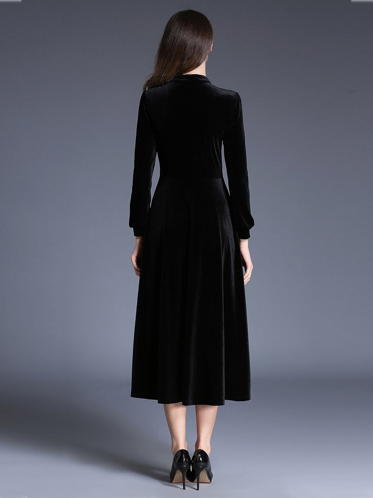 1950s Velvet Solid Pleated Dress