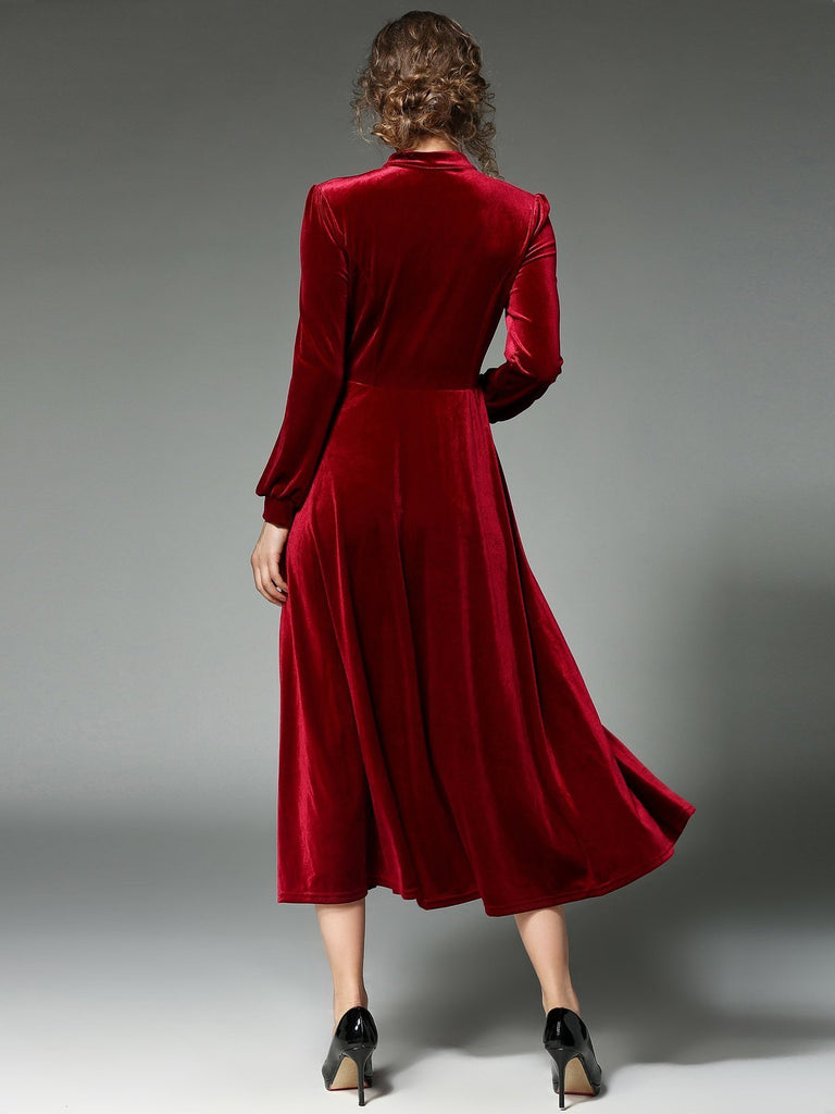 1950s Velvet Solid Pleated Dress