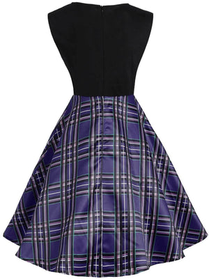 Dark Blue 1950s Plaid Patchwork Dress