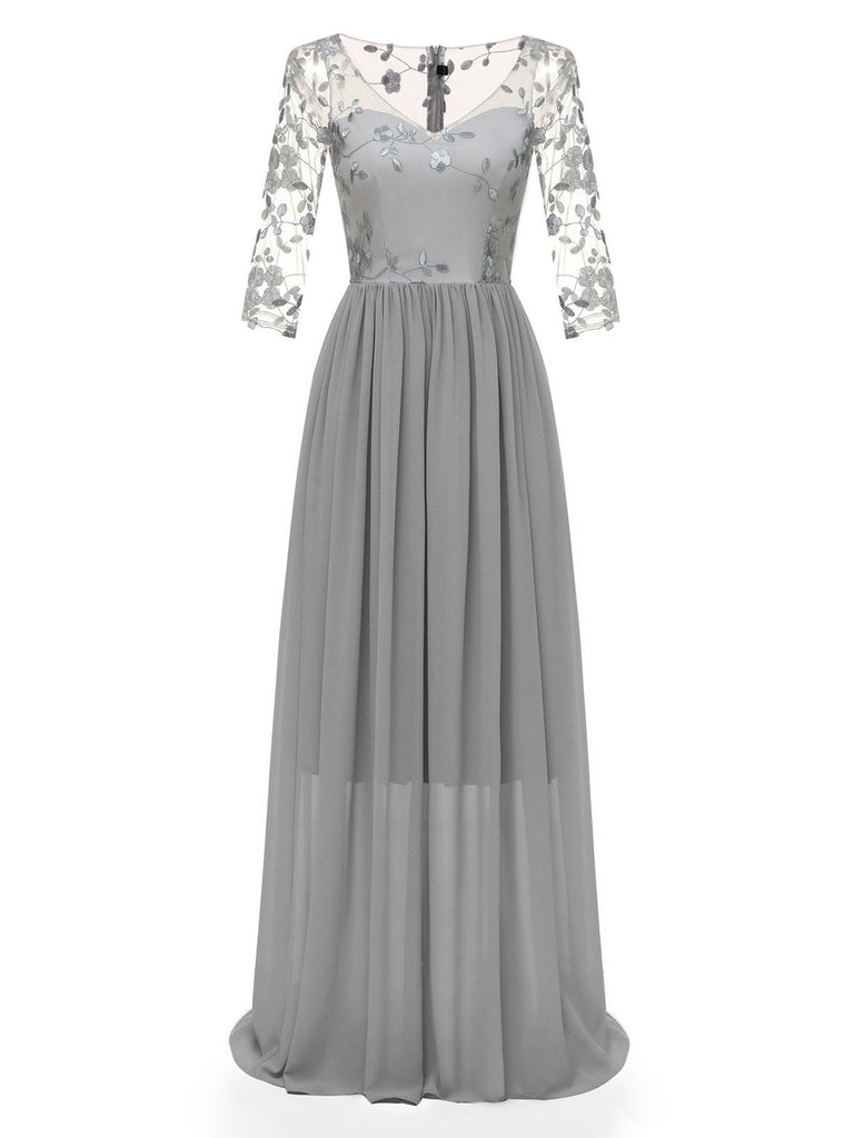 1950s Lace Embroidery Chiffon Maxi Dress