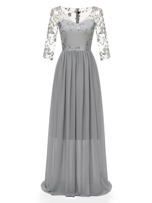 1950s Lace Embroidery Chiffon Maxi Dress