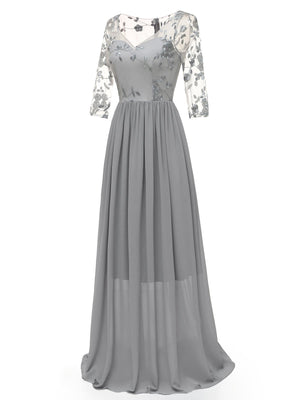 1950s Lace Embroidery Chiffon Maxi Dress