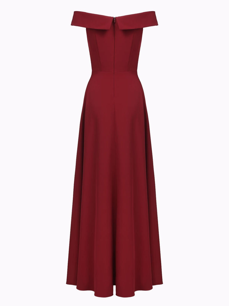 Wine Red 1950s Off Shoulder Maxi Dress