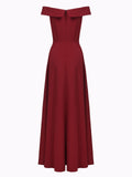 Wine Red 1950s Off Shoulder Maxi Dress