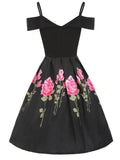 Black 1950s Floral Cold Shoulder Dress