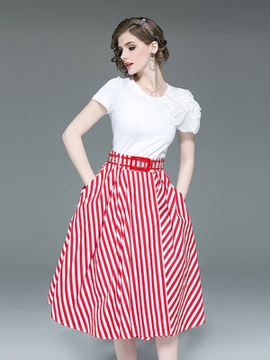 2PCS 1950s White Tops And Striped Skirt Set