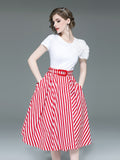2PCS 1950s White Tops And Striped Skirt Set