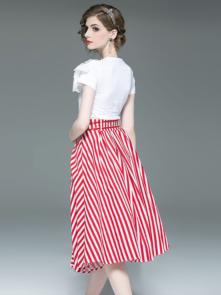 2PCS 1950s White Tops And Striped Skirt Set