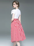 2PCS 1950s White Tops And Striped Skirt Set
