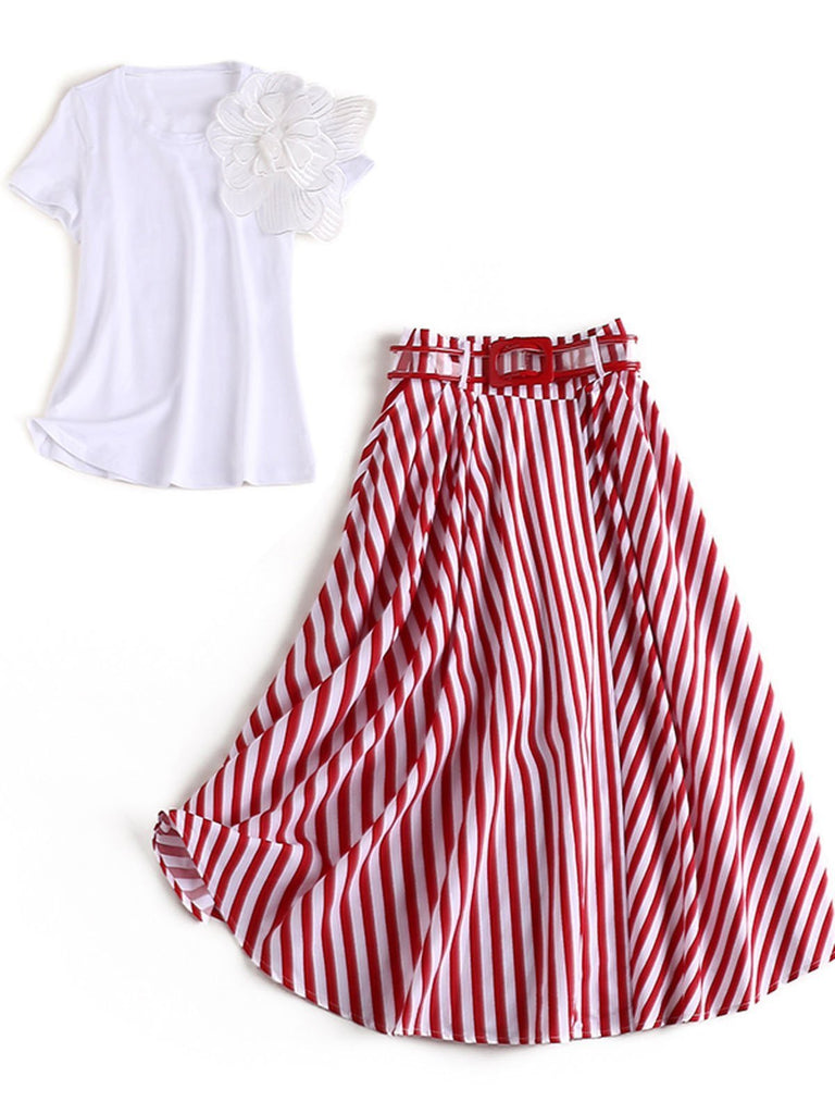 2PCS 1950s White Tops And Striped Skirt Set