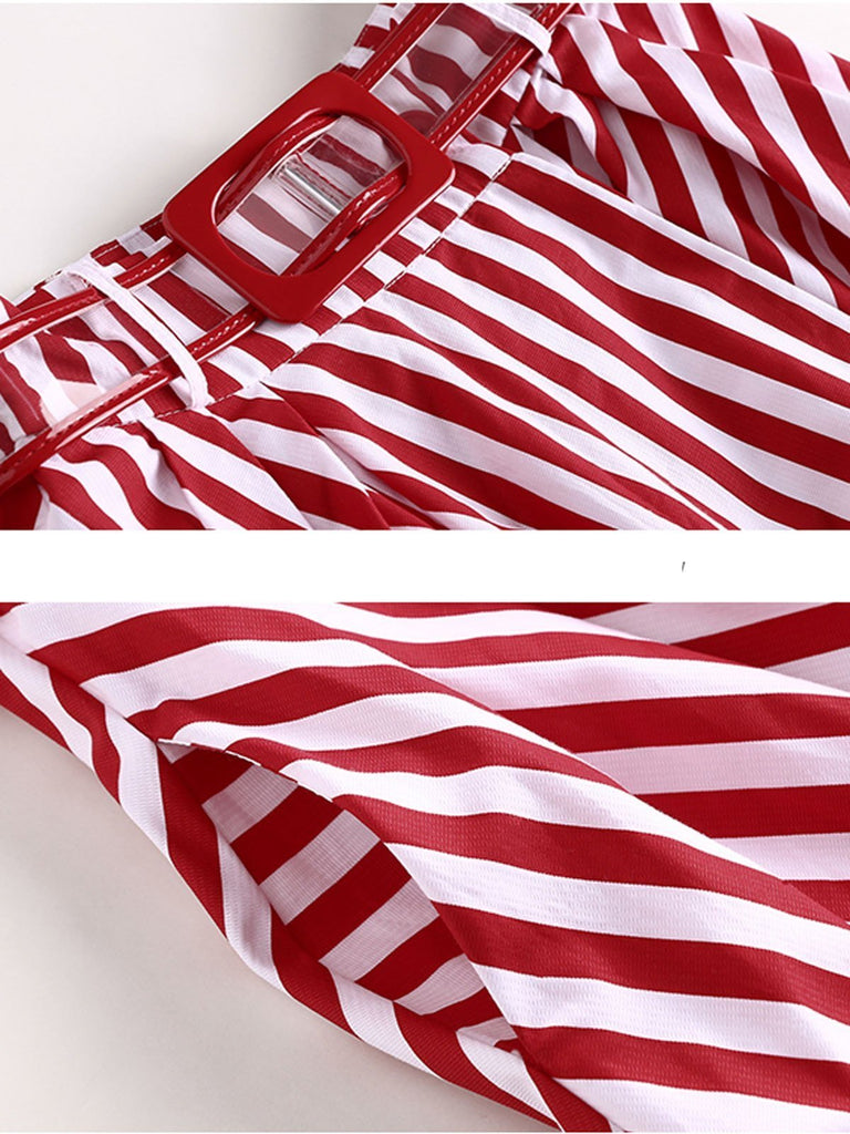 2PCS 1950s White Tops And Striped Skirt Set