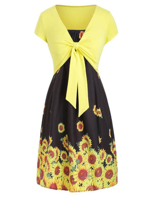 2PCS Front Knot Cardigan Sunflower Strap Dress