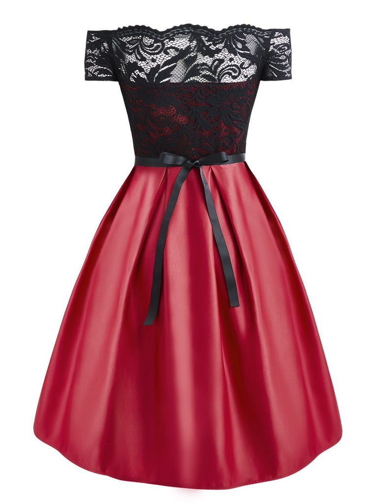 Red 1950s Off Shoulder Lace Belted Dress