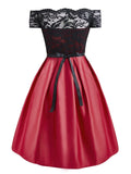 Red 1950s Off Shoulder Lace Belted Dress