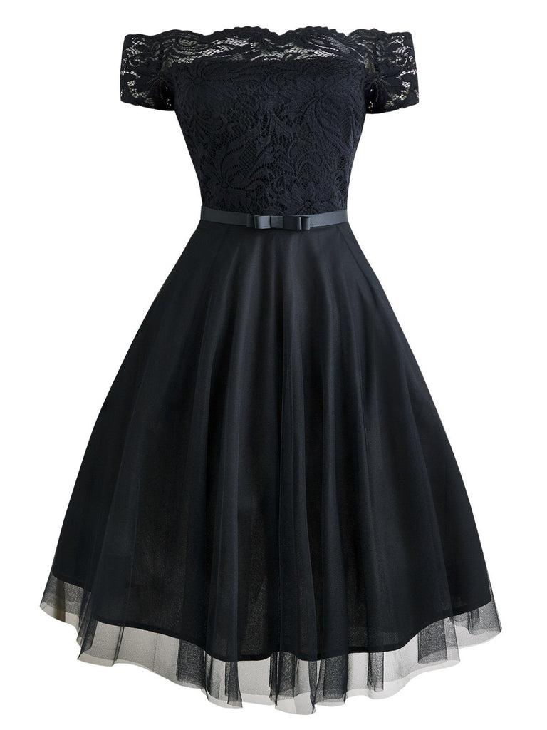 Black 1950s Belted Off Shoulder Lace Dress