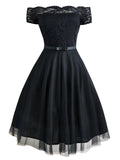 Black 1950s Belted Off Shoulder Lace Dress