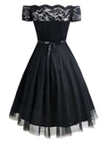 Black 1950s Belted Off Shoulder Lace Dress