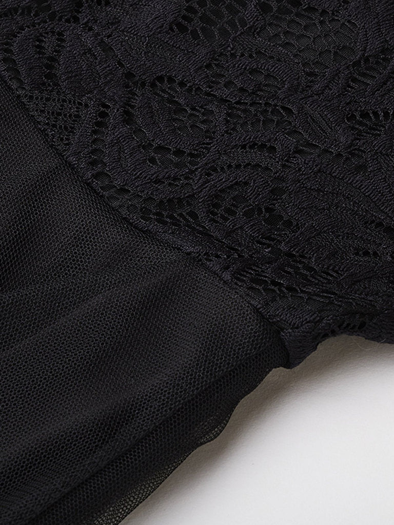 Black 1950s Belted Off Shoulder Lace Dress