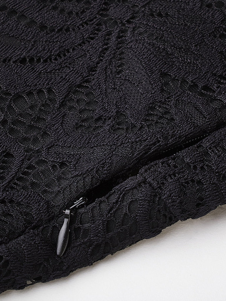 Black 1950s Belted Off Shoulder Lace Dress