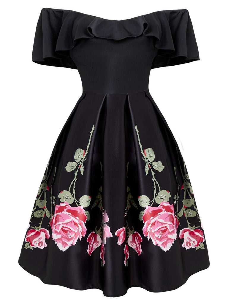 Black 1950s Ruffle Off Shoulder Dress
