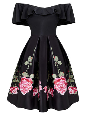 Black 1950s Ruffle Off Shoulder Dress